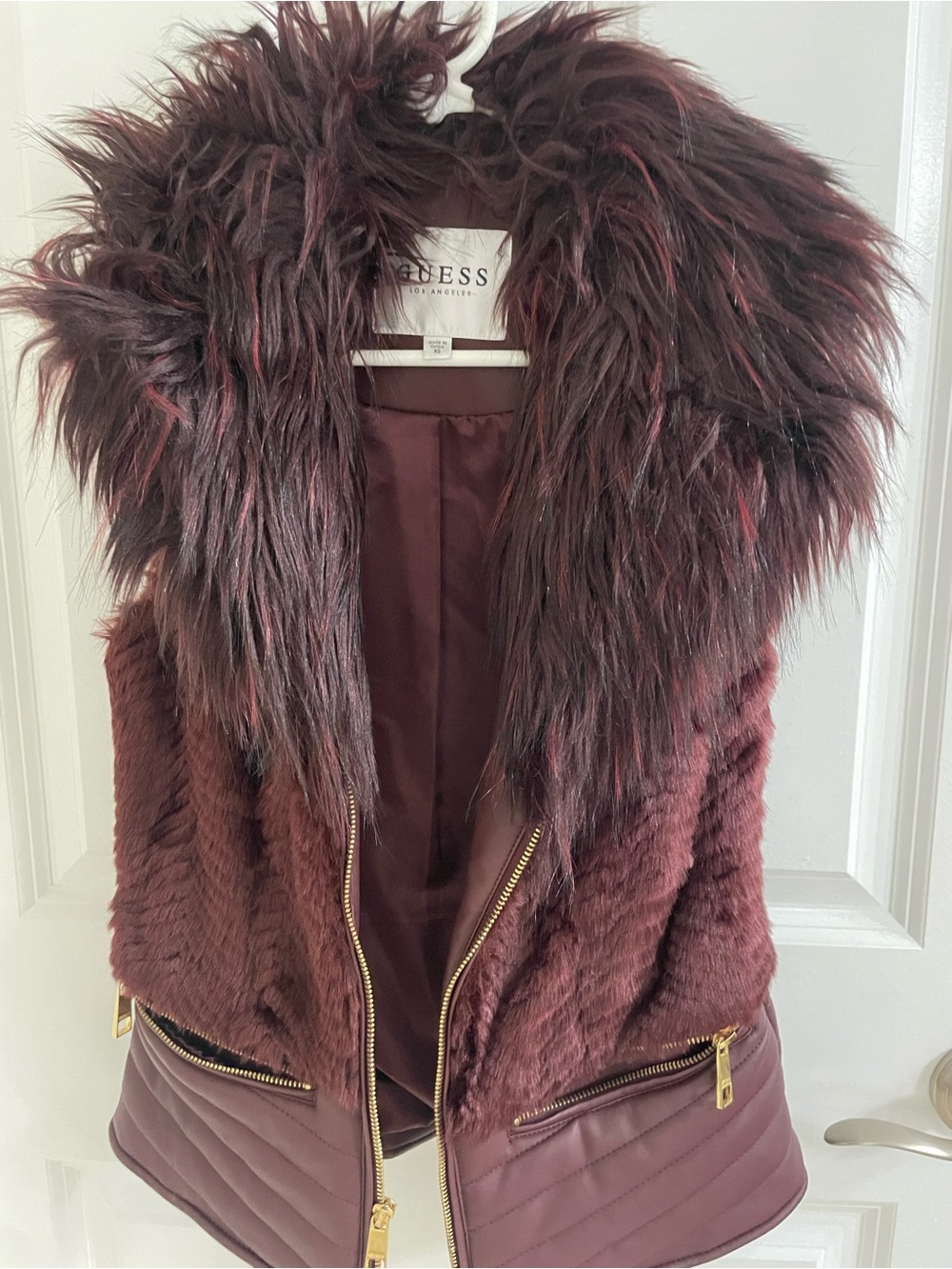 GUESS Burgundy Faux Fur Trim Quilted Vest